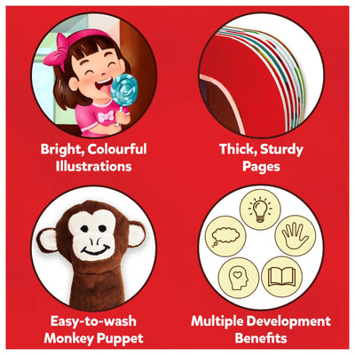 Product feature showcase of Puppet Book The Wheels on the Bus with vibrant illustrations and durable pages