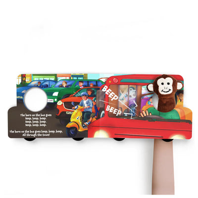 Children’s finger puppet board book with a red bus and monkey puppet for ages 6-24 months