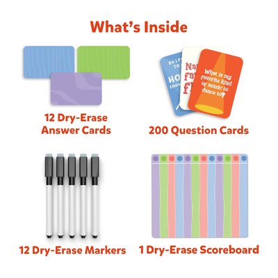 Game components for Who Knows You Best? card game including answer cards markers scoreboard