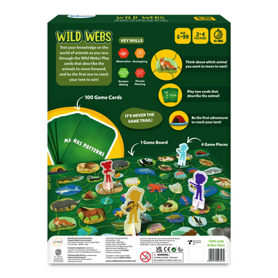 Back of Wild Webs Animal Learning Board Game box showing colorful spider web design