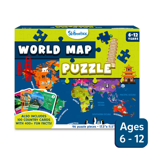 Skillmatics World Map Puzzle for ages 6-12 with 100 country cards and fun facts