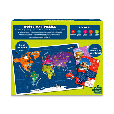 Colorful world map puzzle with country info cards for kids ages 6-12
