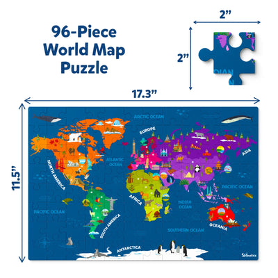 Colorful 96-piece world map puzzle measuring 17.3 x 11.5 inches for ages 6-12
