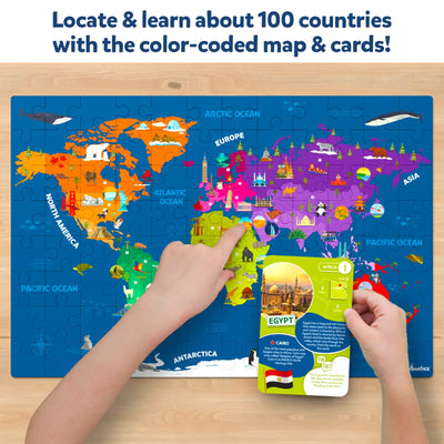 Educational world map puzzle with country cards for kids ages 6-12