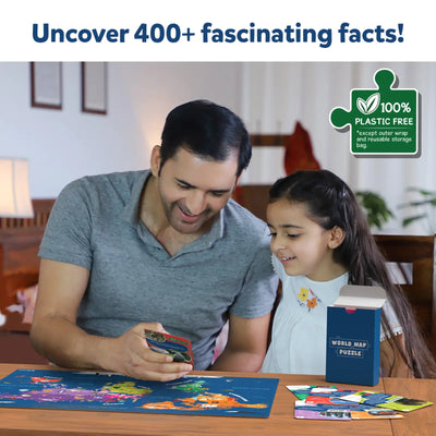 World map puzzle with fact cards for educational learning for ages 6-12