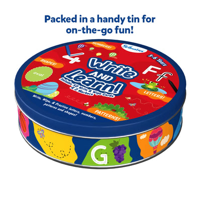 Educational red and blue tin with 50 write and wipe cards and 2 markers for toddlers
