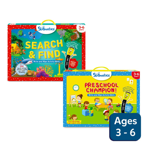 Two Skillmatics Write and Wipe Activity Mats for ages 3-6, Search & Find and Preschool Champion