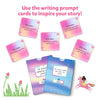 Colorful story-writing prompt cards and blank storybooks from the Fantasy Art Adventure Bundle