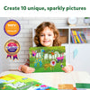 Young child happily showing colorful crafting board with sparkly animal designs from Fantasy Art Adventure Bundle