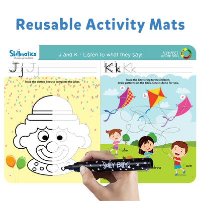 Reusable activity mat for children to practice writing letters and drawing with marker
