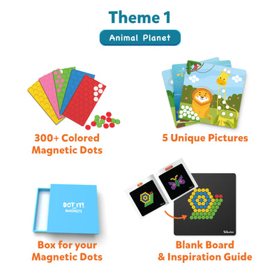 Children’s magnetic dot art kit with themed picture cards and blank board for creative play