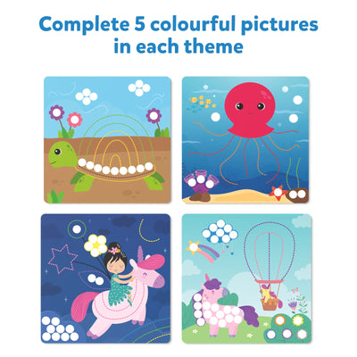 Colorful children’s activity cards with dot-to-dot and tracing designs for ages 3-7