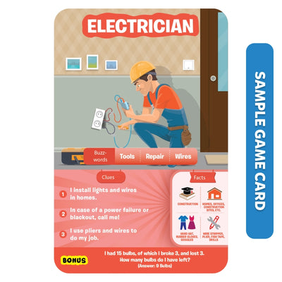 Game card featuring an Electrician with clues and facts from Guess in 10 Inspiring Professions