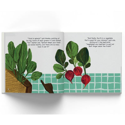 Open children’s book with vegetable illustrations from Lola’s Healthy Habits storybook for ages 3+
