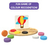 Wooden color recognition game with colorful circular tokens and picture cards for kids