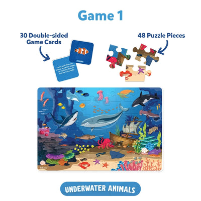 Educational underwater animals puzzle and double-sided game cards for kids ages 3-7