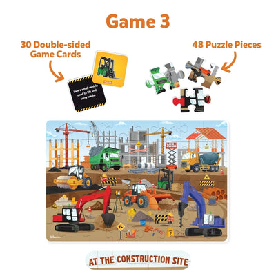 Construction site-themed puzzle and game card set for kids ages 3 to 7 in Piece & Play Mega combo
