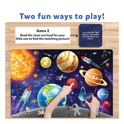Colorful space-themed floor puzzle with interactive game elements for ages 3-7