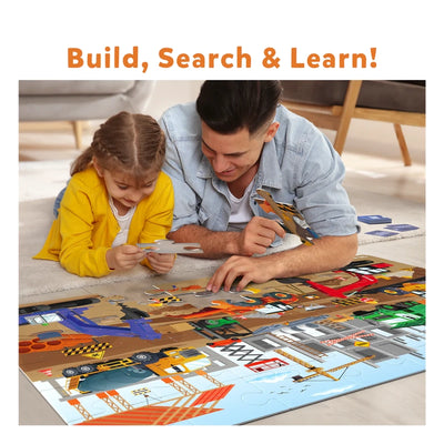 Colorful construction site themed floor puzzle from Piece & Play Mega combo for ages 3-7