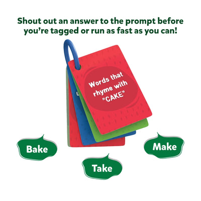 Colorful flashcards with rhyming words held by a ring for the Rapid Rumble Outdoor game