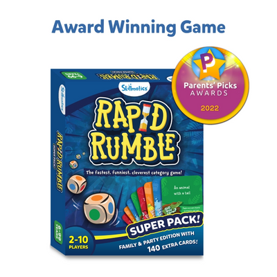 Blue Rapid Rumble board game box with Parents Picks Awards 2022 seal and Super Pack