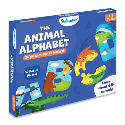 Skillmatics The Animal Alphabet puzzle set with 52 pieces teaching 45+ animals for ages 3-6